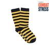 Navy and yellow striped socks with 'Combat Stress' text on a white background