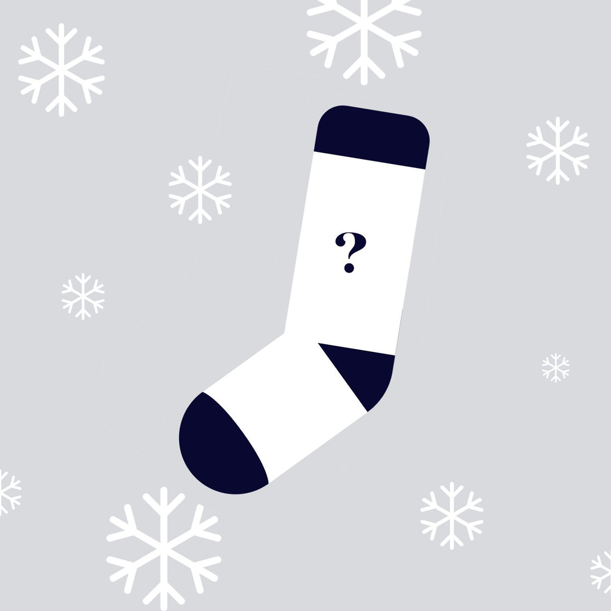 White sock with a question mark on a gray background with snowflake patterns