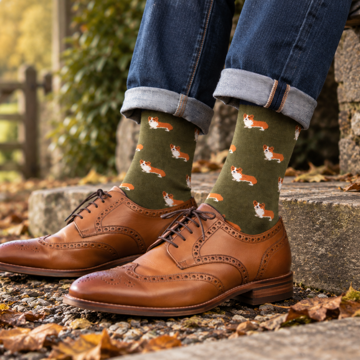 A person wearing olive green crew socks with a repeating corgi pattern, paired with brown leather wingtip oxford shoes and cuffed blue jeans, standing outdoors on stone steps with fallen leaves.