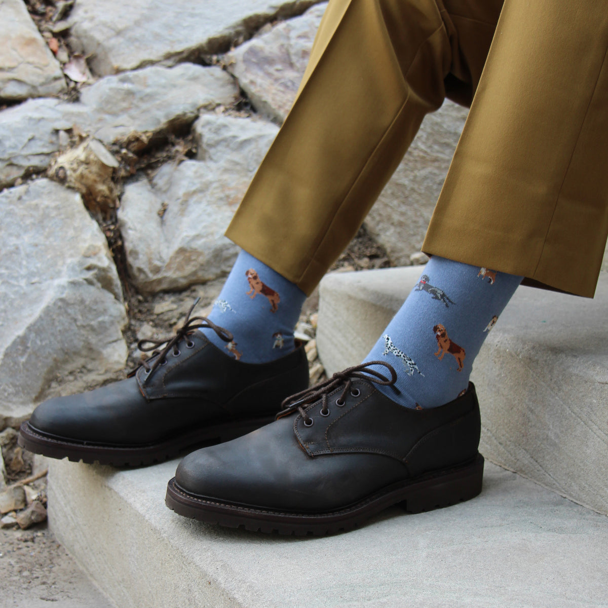 A person seated on stone steps wearing light blue crew socks with a dog print, black leather lace-up shoes, and olive-brown trousers.