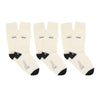 Set of six cream socks with black names and branding on a white background