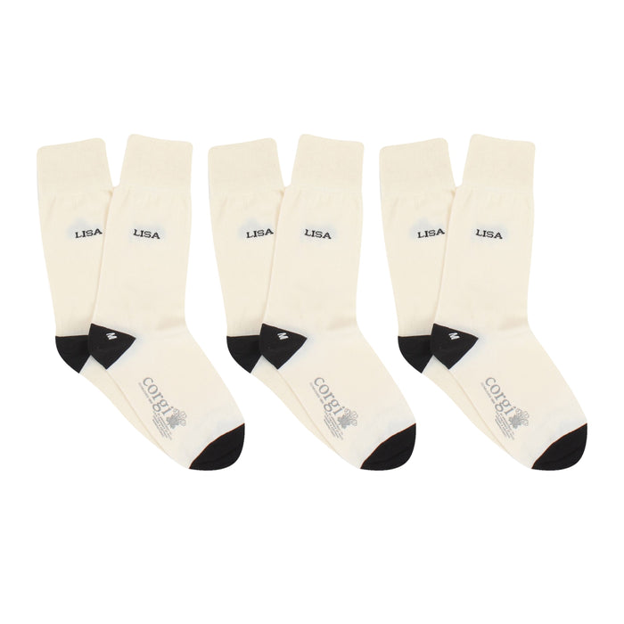 Set of six cream socks with black names and branding on a white background