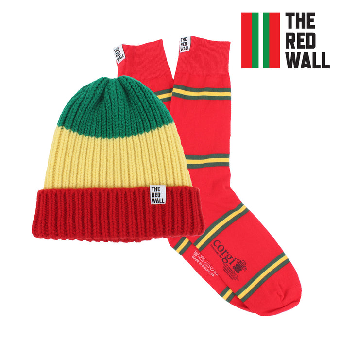 Beanie hat and sock set on a white background.