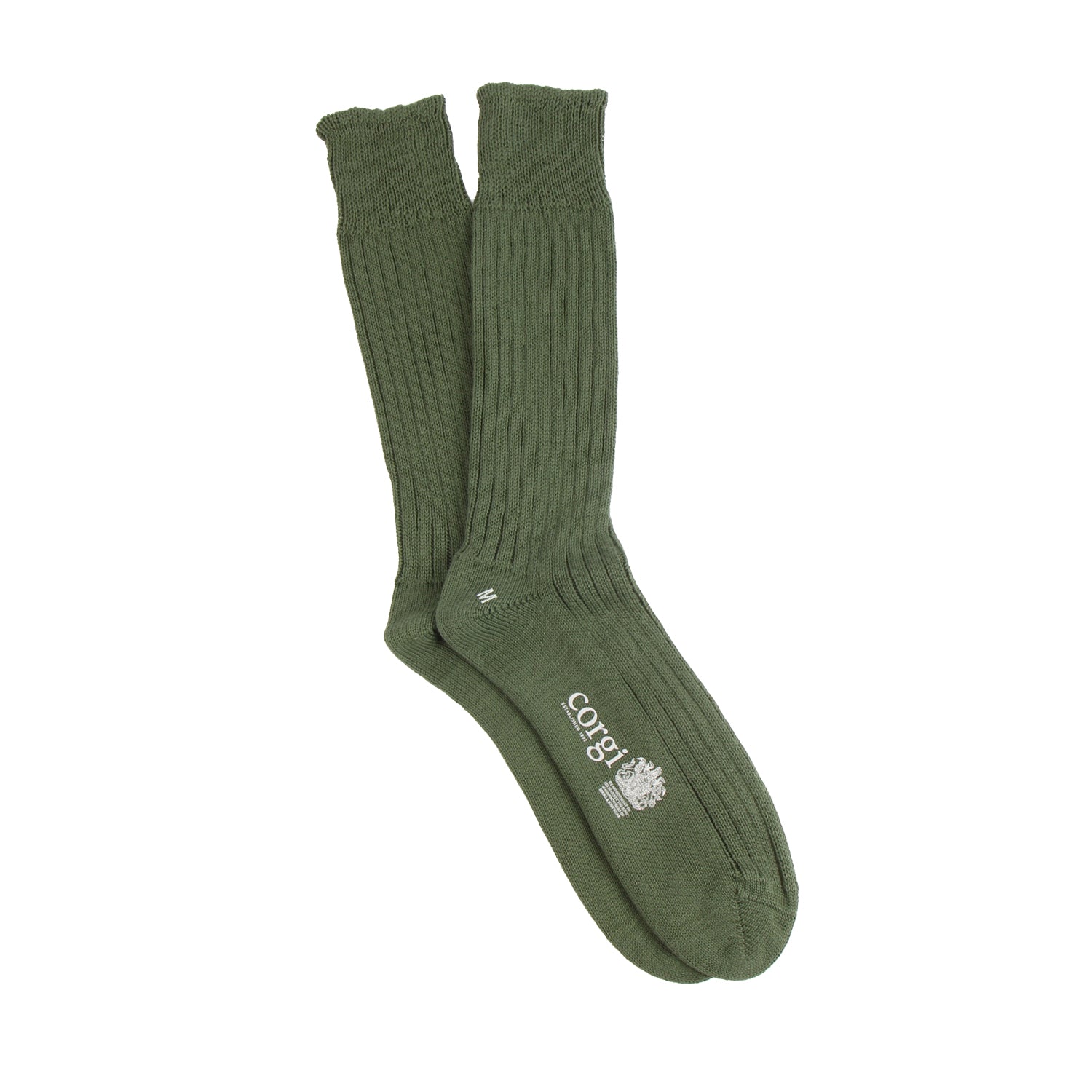Green sock with a logo on a white background