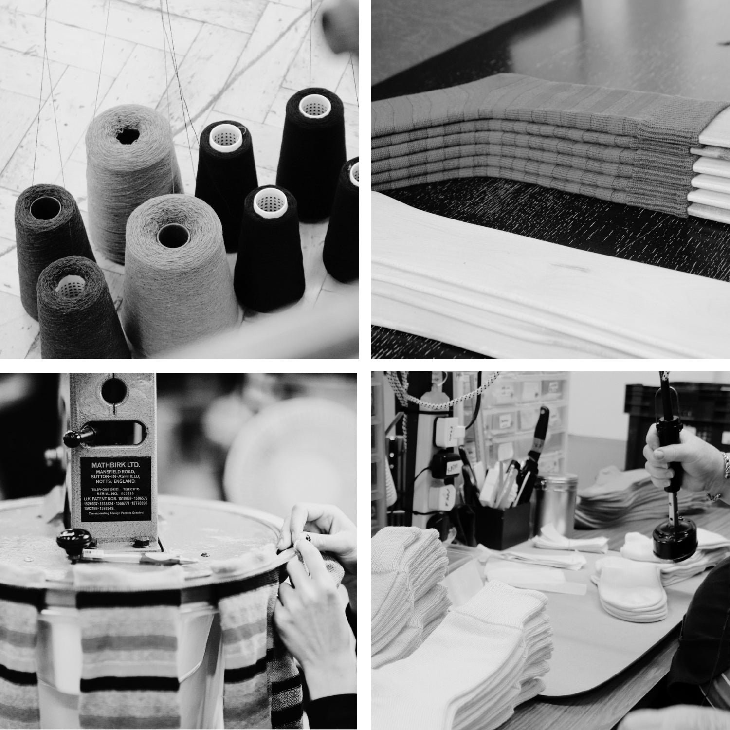 Collage of images showing a manufacturing process with shelves, machinery, and product assembly.