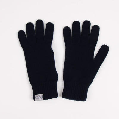 Pair of black gloves with 'corgi' branding on a white background


