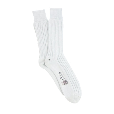 White sock with a brand logo on a white background