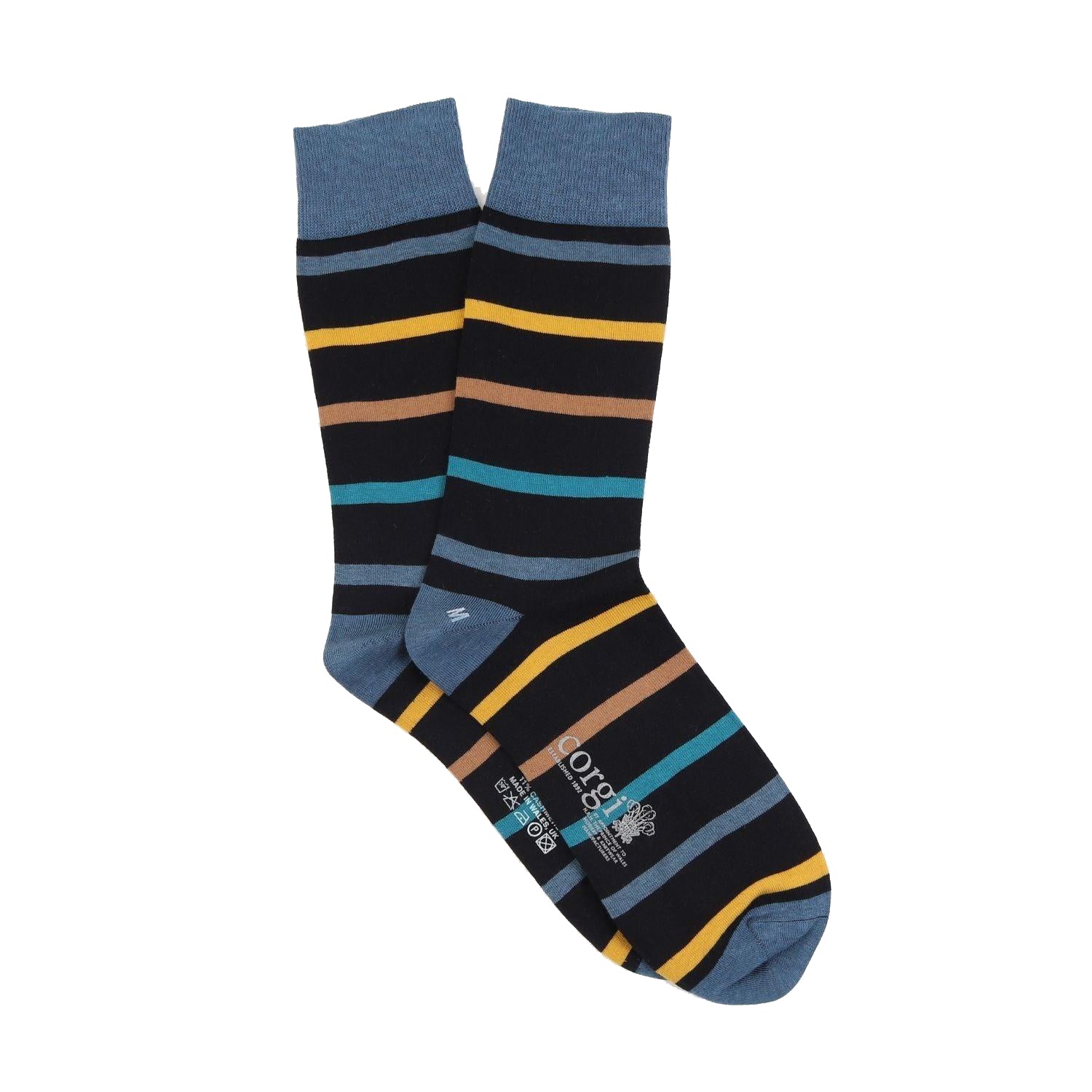 A pair of men's striped cashmere blend socks in brown, green, and orange colors with a pattern.