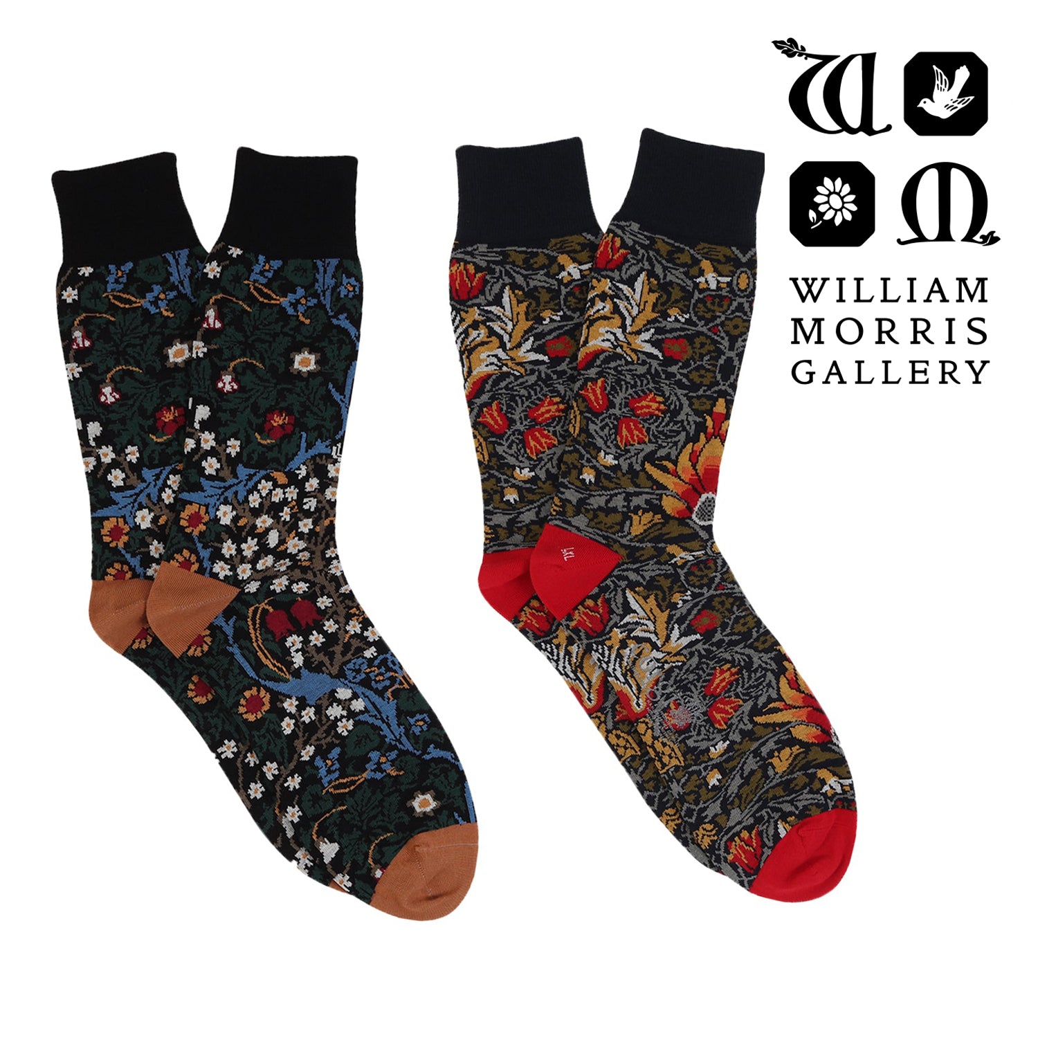 Two patterned socks with William Morris Gallery branding on a white background