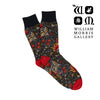 Floral patterned sock with red accents on a white background, featuring the William Morris Gallery logo.