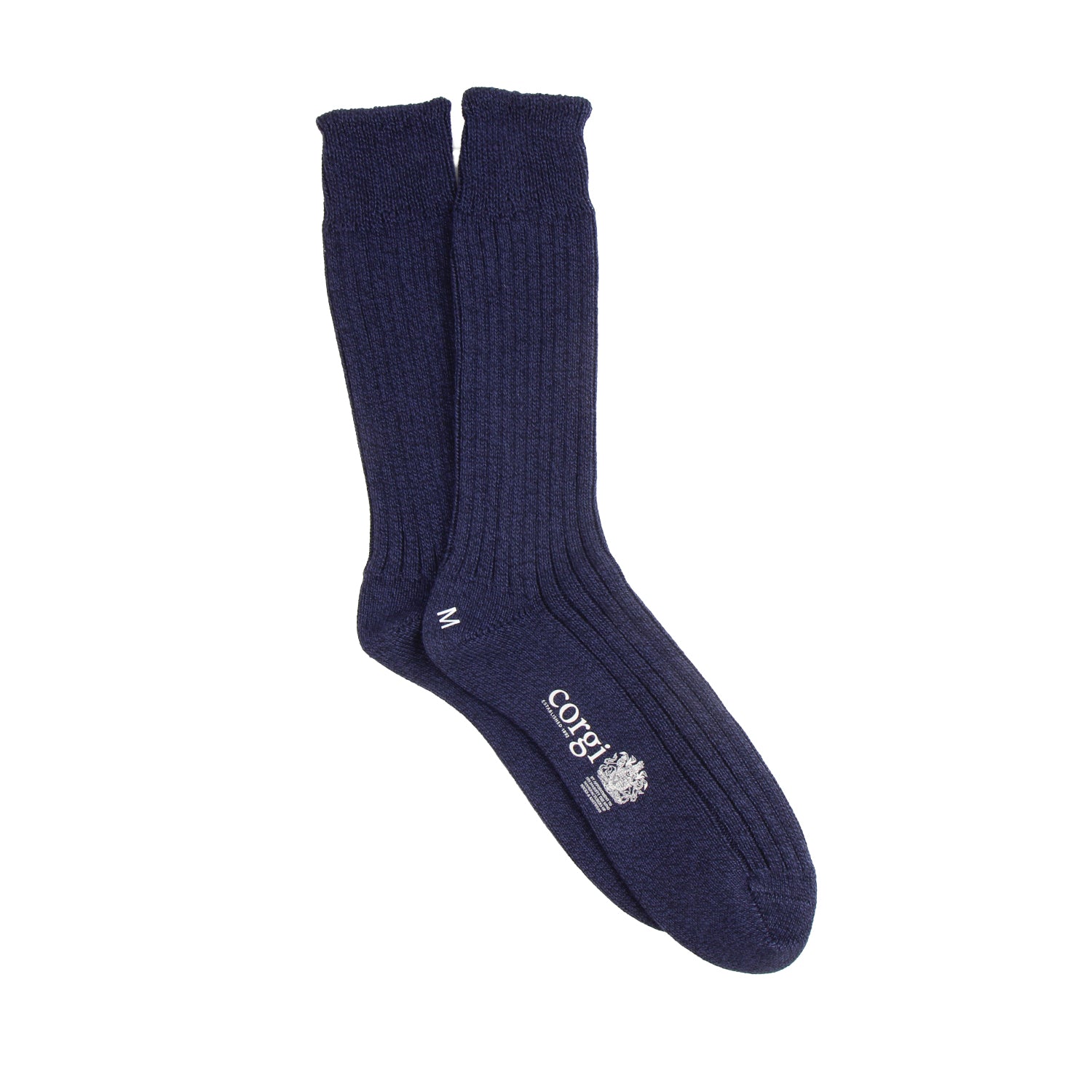 Pair of navy blue socks with a brand logo on a white background