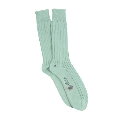 Pair of light green socks on a white background