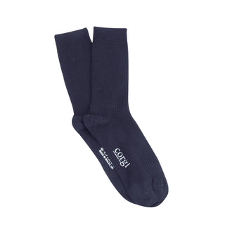 Navy blue sock with a brand logo on a white background