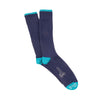 A pair of navy blue men's pure cotton boot socks with turquoise trim, displayed in a folded manner to show the cuff and foot opening.