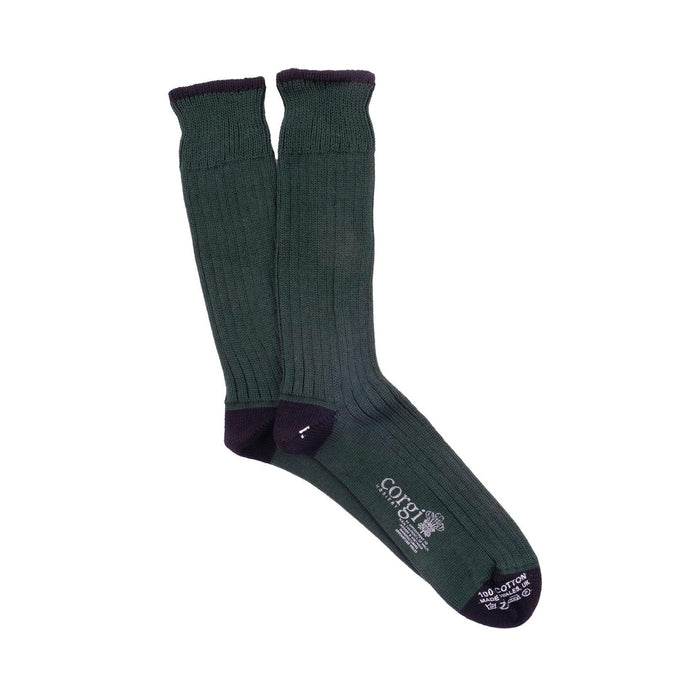 A pair of dark green men's pure cotton boot socks with black trim, displayed in a folded manner to show the cuff and foot opening.