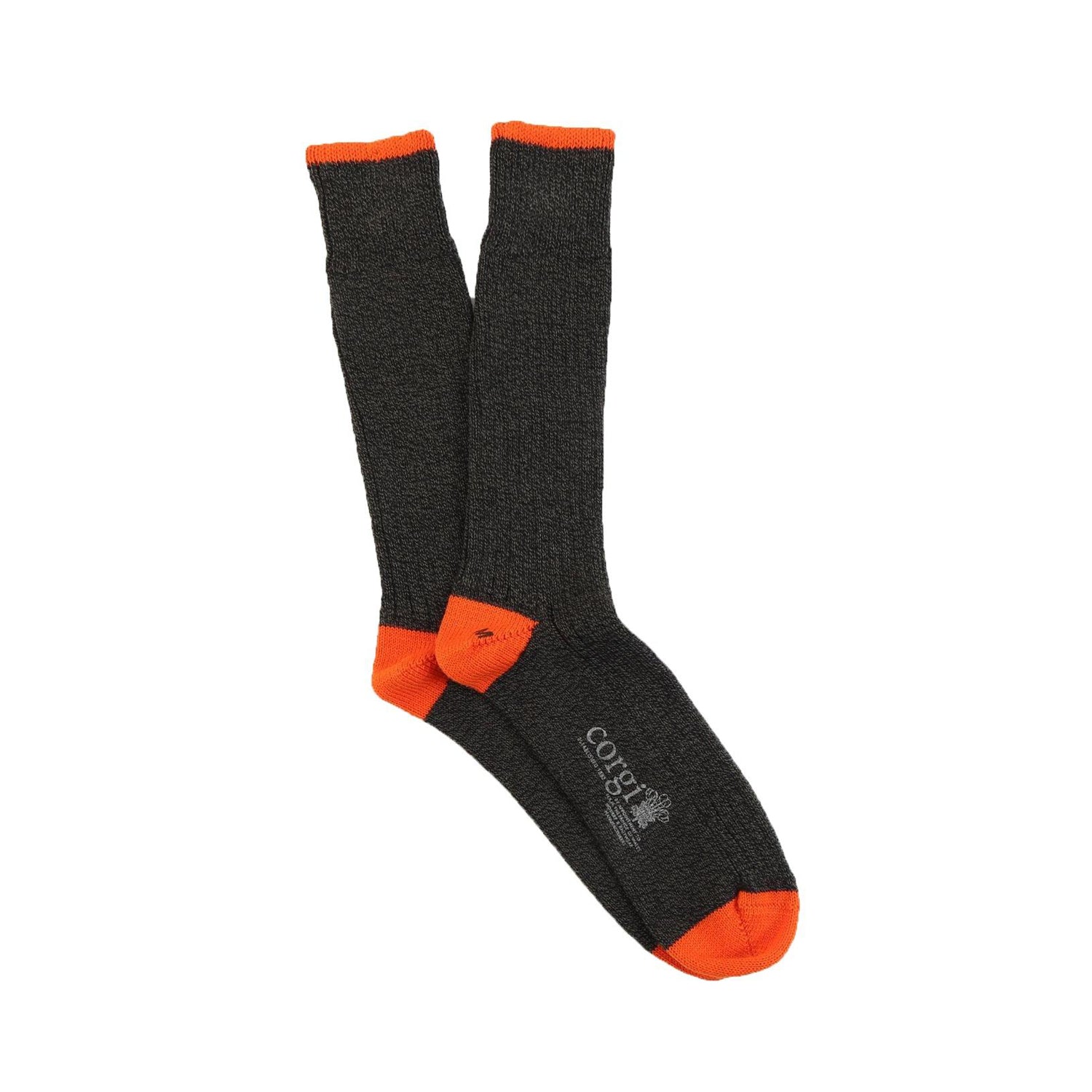 Black socks with orange accents on a white background