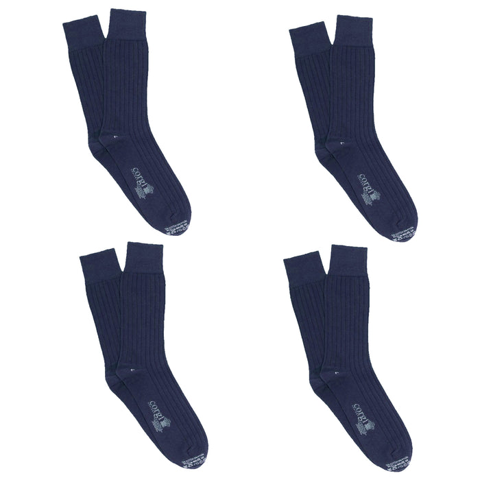 Four pairs of navy blue socks with a logo on a white background