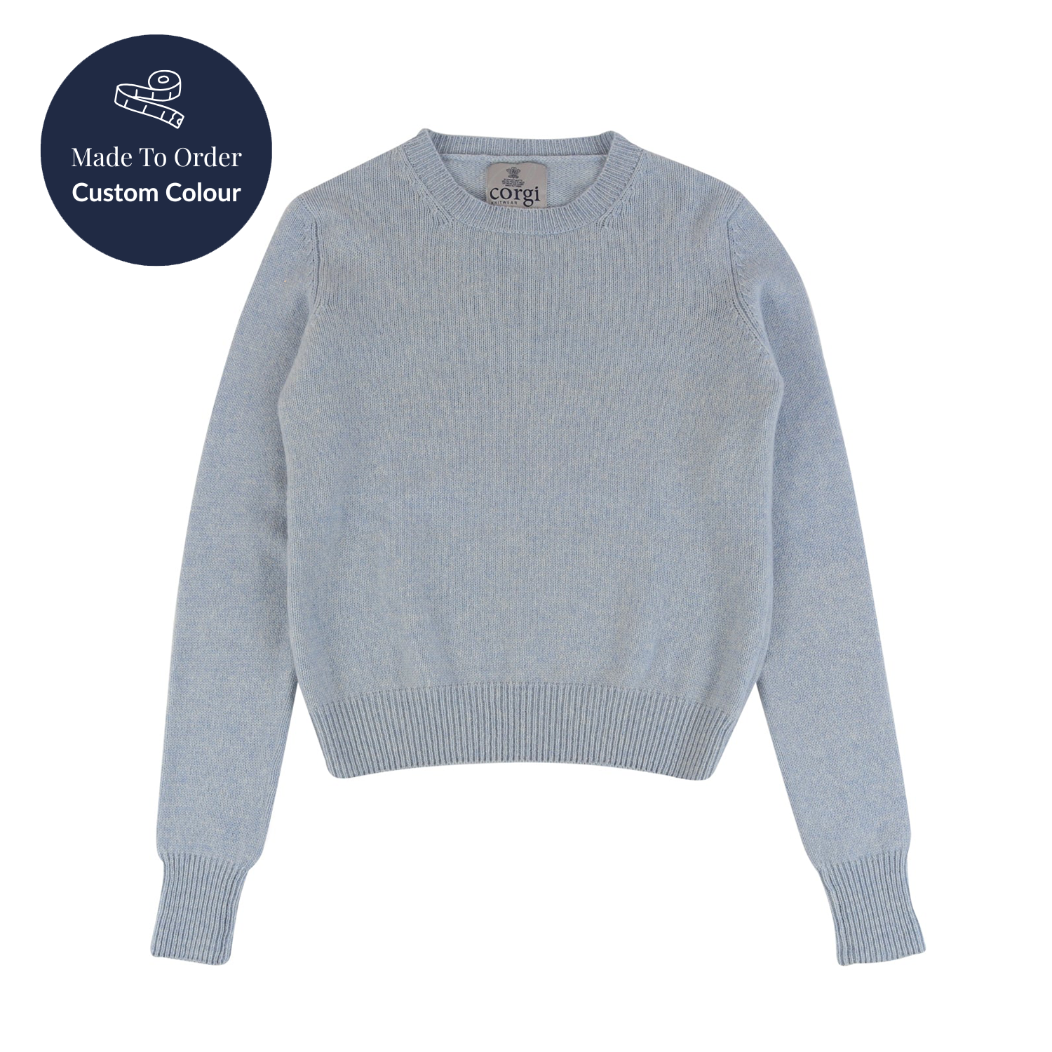Light blue sweater with 'Corgi' label on a white background