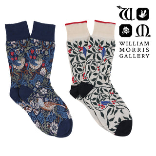 Two pairs of socks with floral and bird patterns, branded with William Morris Gallery.