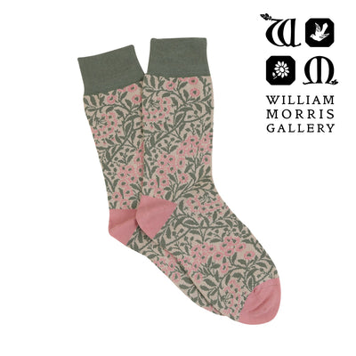 Floral patterned sock with William Morris Gallery branding on a white background