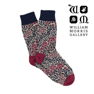 Floral patterned sock with William Morris Gallery branding on a white background
