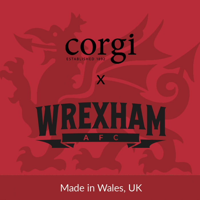 Corgi x Wrexham AFC logo on a red background with dragon design